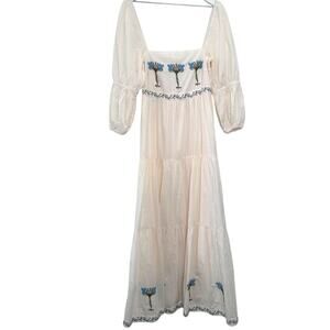 Anna Cate Scarlet Maxi Dress XS Ivory Blue Floral Embroidered Puff Sleeve Boho